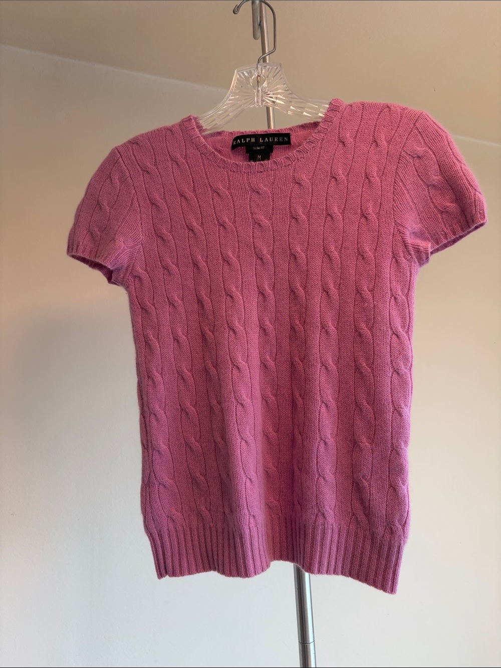 Ralph Lauren Pink Cable-Knit Short Sleeve Crew Slim Fit Sweater M